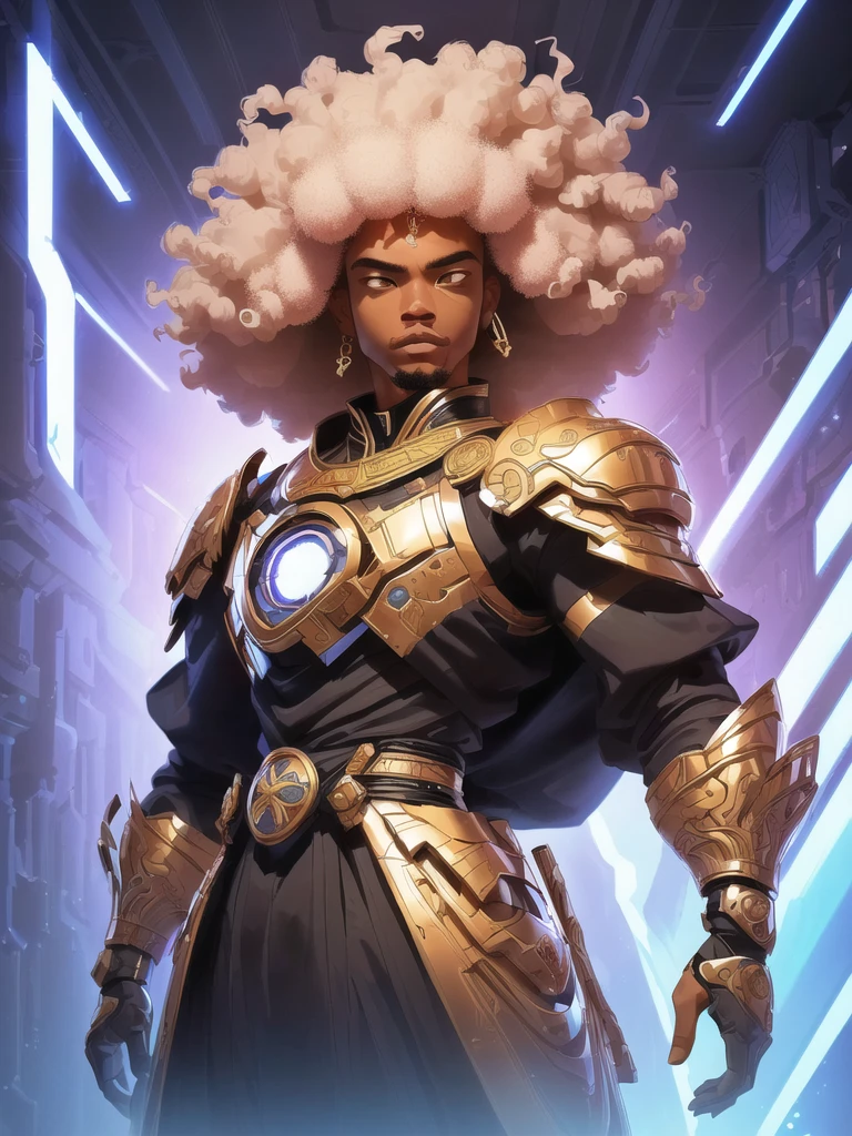 there is a man with a afro standing in a room, concept art inspired by Rajmund Kanelba, pexels, afrofuturism, afro futuristic, with afro, samurai with afro, black man with afro hair, afrofuturistic, afro futurism, afro - futurist style, afro, a black man with curly Afro, afroamerican, from avengers, afro tech