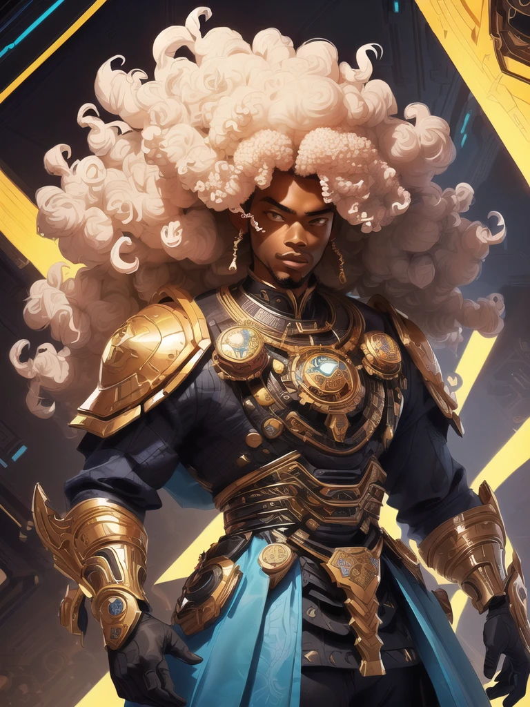there is a man with a afro standing in a room, concept art inspired by Rajmund Kanelba, pexels, afrofuturism, afro futuristic, with afro, samurai with afro, black man with afro hair, afrofuturistic, afro futurism, afro - futurist style, afro, a black man with curly Afro, afroamerican, from avengers, afro tech