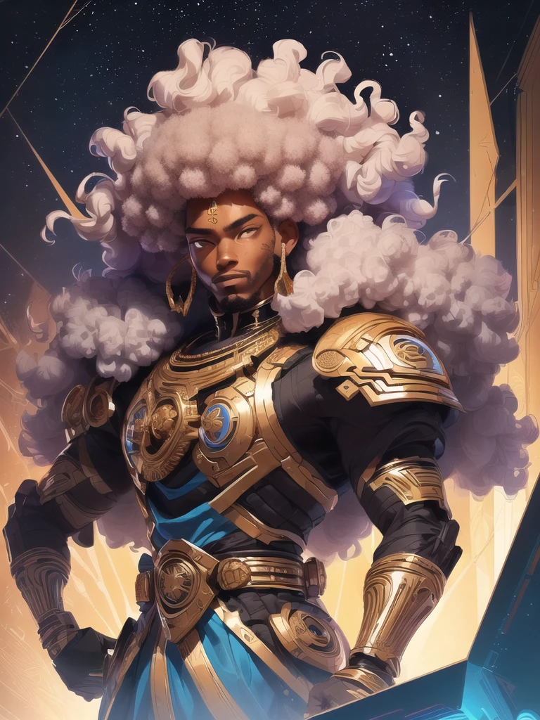there is a man with a afro standing in a room, concept art inspired by Rajmund Kanelba, pexels, afrofuturism, afro futuristic, with afro, samurai with afro, black man with afro hair, afrofuturistic, afro futurism, afro - futurist style, afro, a black man with curly Afro, afroamerican, from avengers, afro tech