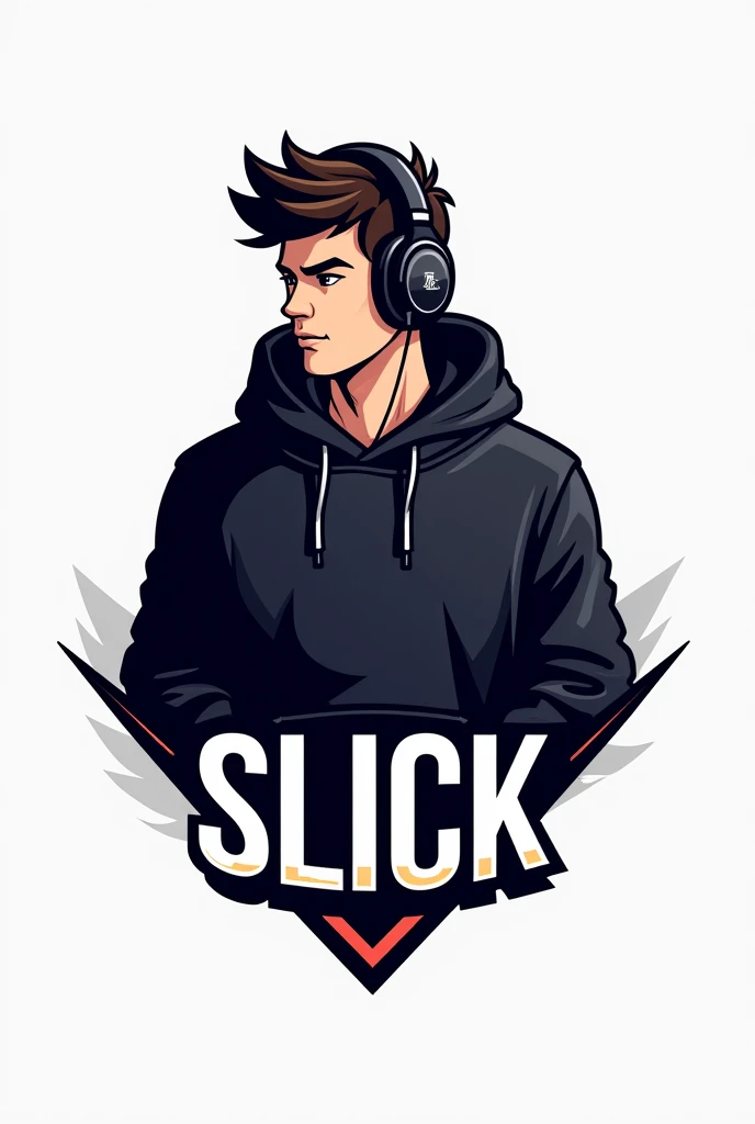 Create a logo of a gamer boy wearing headphones and a black hoodie, e abaixo dele, write in blank "slick"