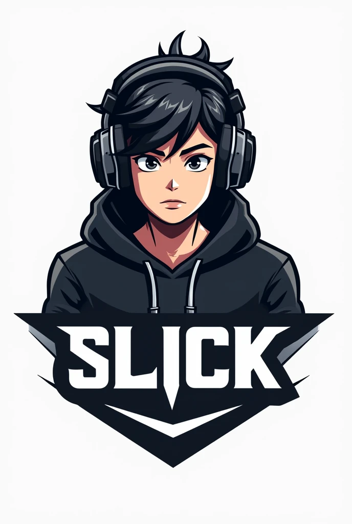Create a logo of a gamer boy wearing headphones and a black hoodie, e abaixo dele, write in blank "slick"