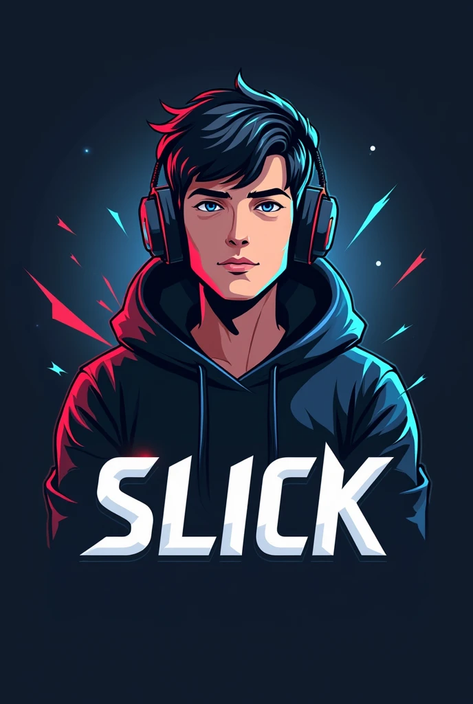 Create a logo of a gamer boy wearing headphones and a black hoodie, e abaixo dele, write in blank "slick"
