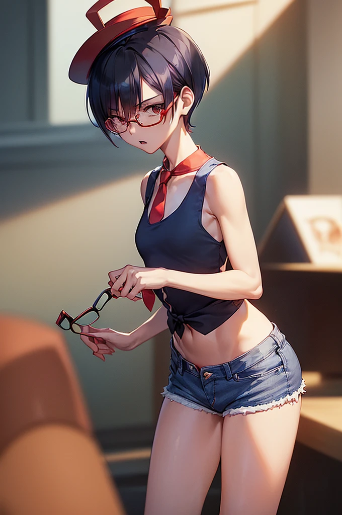 1girl, masterpiece, best quality, ultra detail, short straight black hair, pink lips, blue eyes, smiling, red cheek, looking at viewer, young, necklace, medium breasts, glasses, bare shoulders, midriff, crop top, 5 fingers, sexy legs