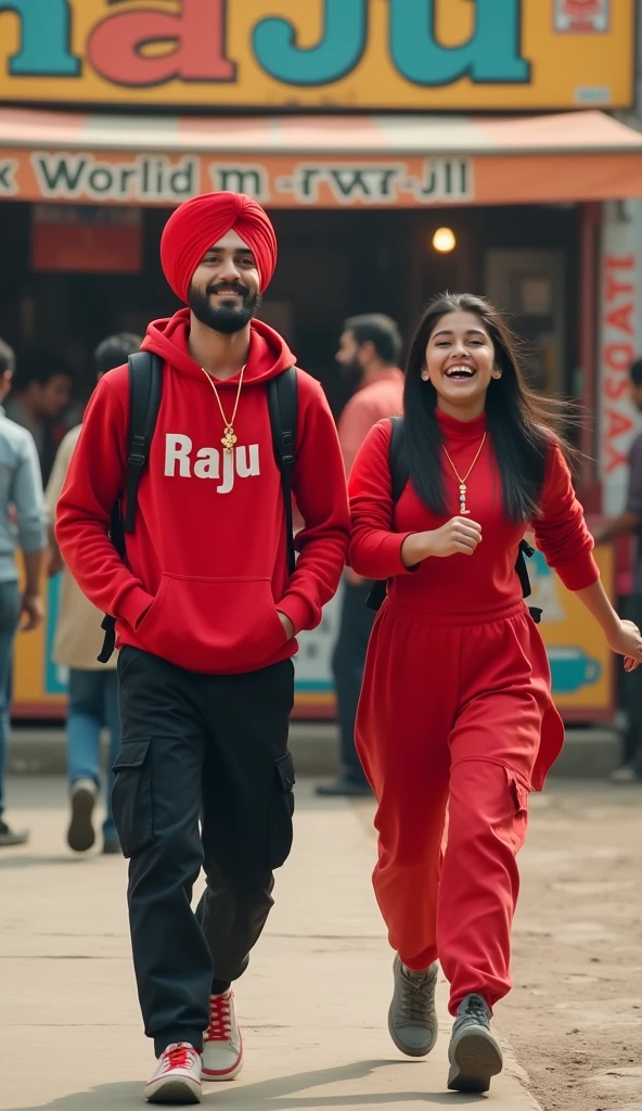 " A 18 YEAR PUNJABI BOY with A PUNJABI GIRL wear Punjabi suit,smile , WEARING A RED TURBAN ,RED Hoodie ON WRITE BOLD NAME "RAJU", black cargo PANT, and holding and see his name which write chest in Punjab his body luck front of the camara , going to tea stall, wide angle shot, RUN TO CAUGHT BUS,BACKGROUND BOLD NAME "RAJU" Neck In locket this letter "R"