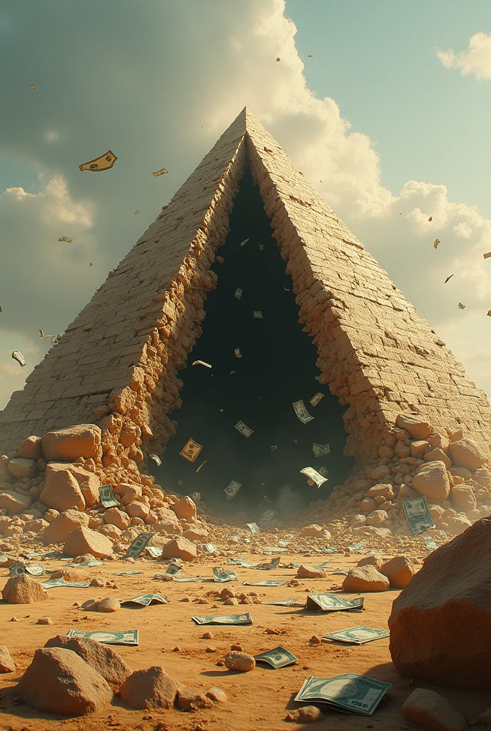 no, I want something more illustrative, a pyramid with a lot of money inside it (It's open/Broken) and the money flying around