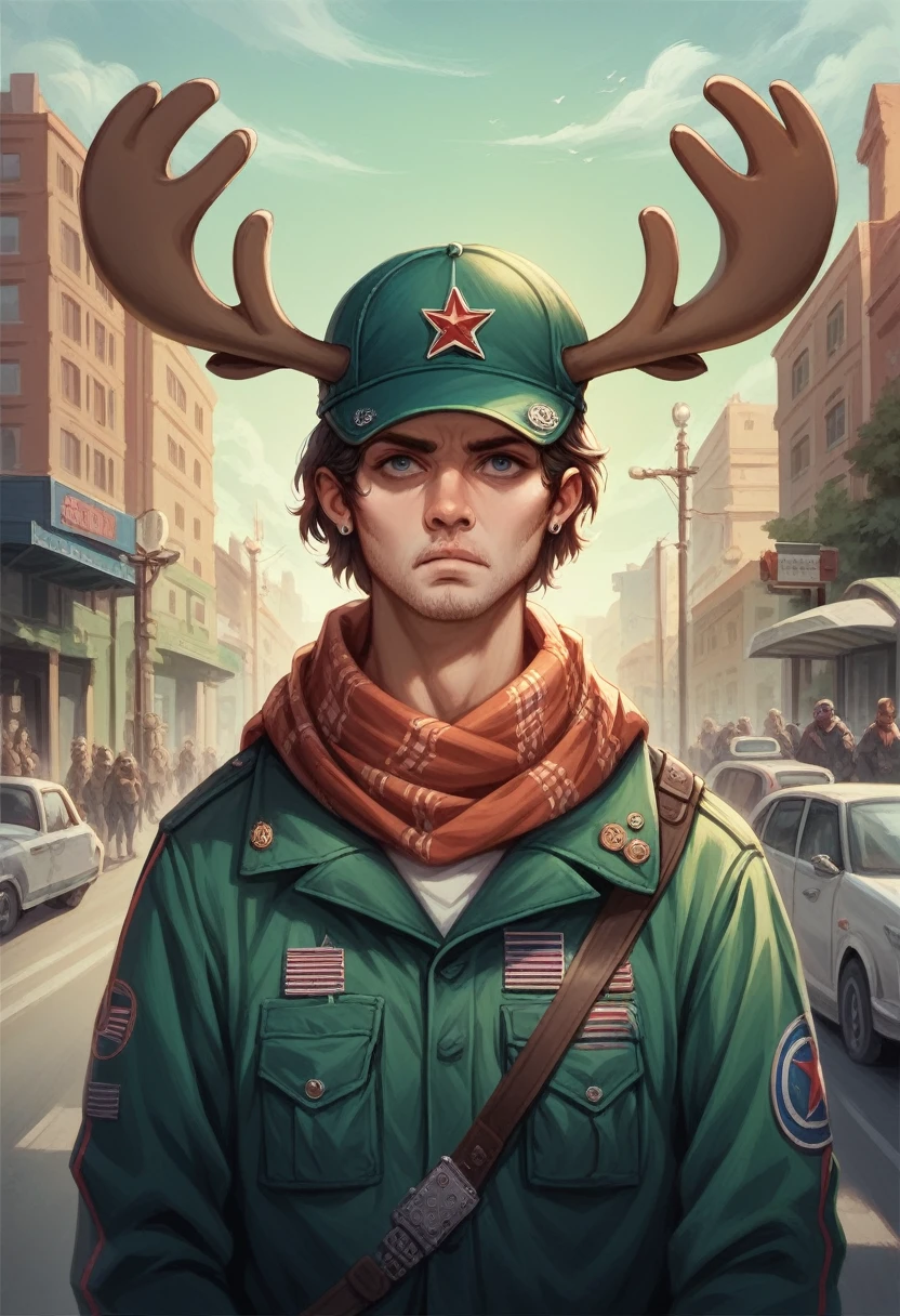 Painting of a moose with hat and scarf, Trendy Art, Punk outfits, detailed hyper-realistic rendering, British gang members, STREETSTYLE, Threatening posture, fashionable costume, City Warrior, Turkish characteristics