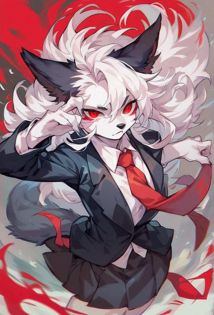 Furry wolf girl with white hair, black ears, white skin, red eyes, red tie, black suit and black skirt