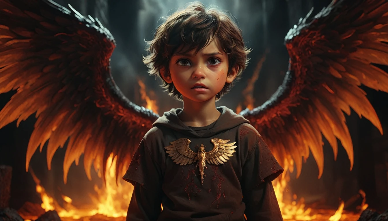 1 angelic winged boy in hell, dark demonic female entities, highly detailed, 8k, best quality, immense pain and suffering, cinematic dramatic lighting, dark moody atmosphere, gritty realism, chiaroscuro, muted color palette