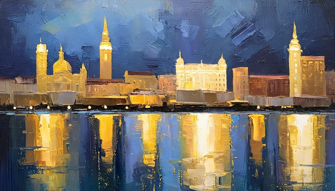 oil painting texture, oil on canvas, Detail of acrylic spatula, spatula texture, an oil painting. abstract acrylic painting, Acrylic on canvas, Apply paint with a spatula, Oil brush strokes. A night cityscape with traditional style buildings illuminated with warm, golden lights. In the foreground, There is a river or body of water that reflects the golden lights of the buildings. On the river bank, You can see the silhouette of a cat that seems to observe the landscape. In the background, a big and shiny ship, also illuminated with golden lights, Sail down the river. The general atmosphere is warm, with a predominant golden tone and a feeling of nocturnal urban tranquility.