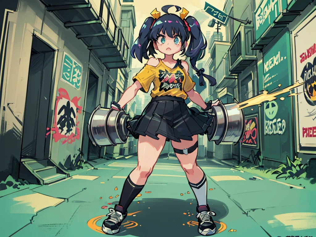 Comics Style,digital figure of beautiful female character, Anime Style, Futuristic tribal tattoo style design on body, 真剣な顔とVery detailedアートワーク, Graffiti Style Destroyed City Landscape in Focus, (Beautiful and vivid background:1.2), ( Eyes and face with attention to detail:1.3), (T-shirt or Dress:1.3), (Beautiful and vivid background:1.2), (Very detailed, Very detailed, Best Shadow:1.1),Exposing shoulders, (White Background:0.5), (figure :1.1), (Very beautiful and lovely girl:1.1, Hime cut twin tails, Greenish black hair, Striped Bikini, mini skirt, Holding a large metal hammer with a gimmick, Dynamic movement, Thighs, Knee-high socks, sneakers), (Perfect detail:1.1), Great painting ,Graffiti Style , outside, Vibrant, Great painting ,high quality, sticker art, digital figure, Comic book style, Centered, Approaching perfection, dynamic, Very detailed, Concept Art, Smooth, Sharp focus, figure, dynamic, Very detailed,