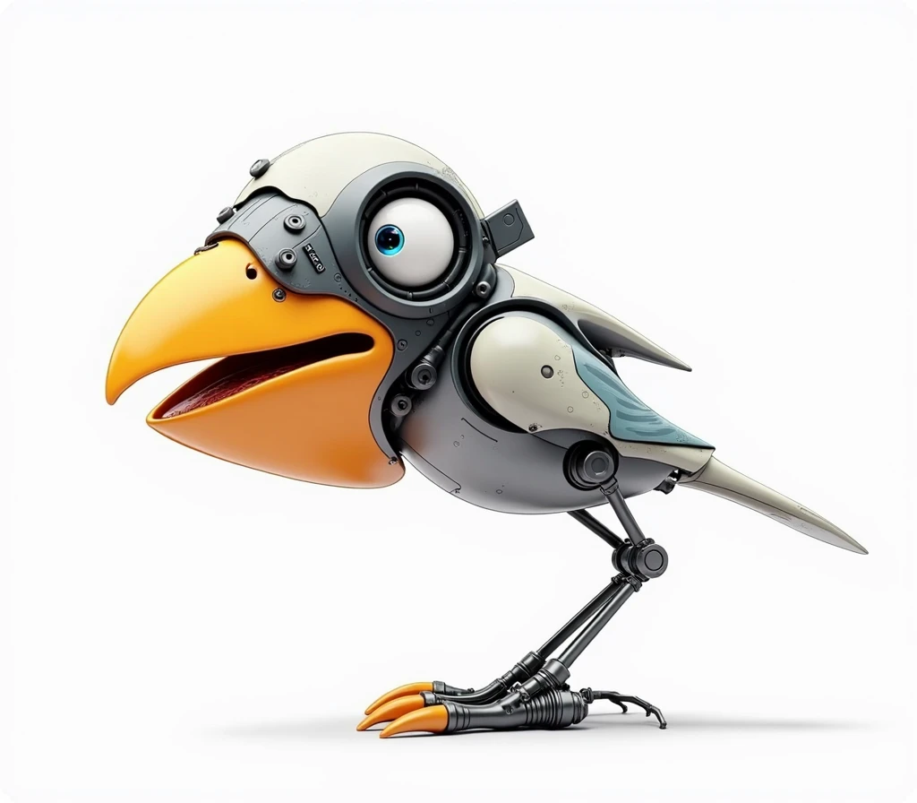 A 3D image with a robotic appearance of this crow with an orange tip and tired and hangover eyes, the image is like a science fiction movie.