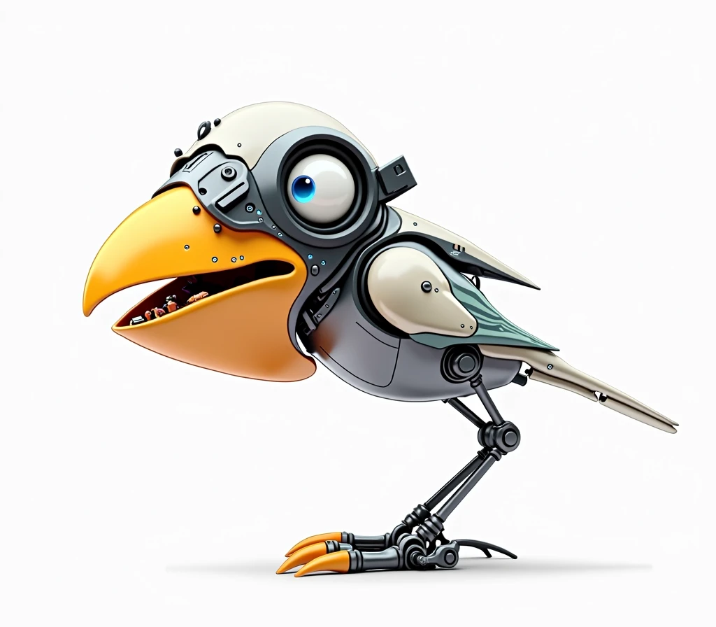 A 3D image with a robotic appearance of this crow with an orange tip and tired and hangover eyes, the image is like a science fiction movie.