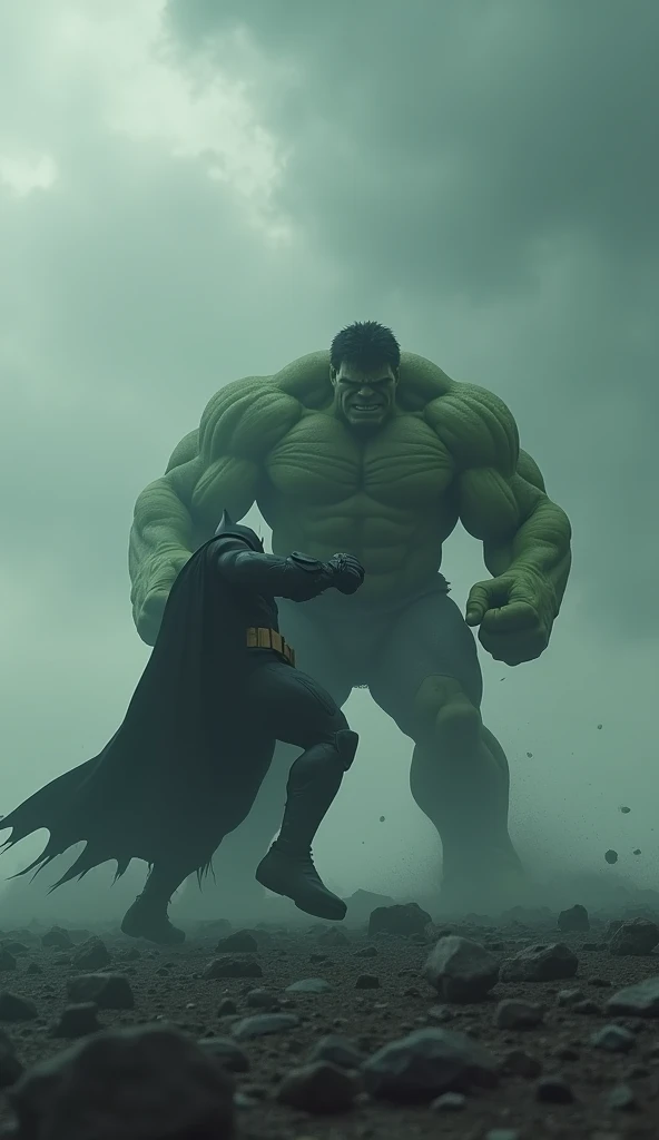 Gigantic hulk and batman fighting across a plain in the distance amid fog, white haze, dark clouds, grimdark ,supense, unearthly, octan render, unreal engine , photorrealistic, hyper realism, highy detailed, high qualiy, intrincately detailed,Volumetric lighting, full character, 4K, ,hard disk ,Full HD, 8k, RTX, high resolution, detailed shadows, incredibily detailed, perfect, Dramatic scale