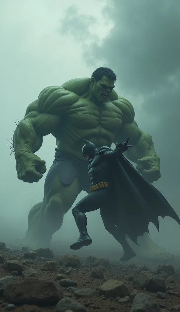 Gigantic hulk and batman fighting across a plain in the distance amid fog, white haze, dark clouds, grimdark ,supense, unearthly, octan render, unreal engine , photorrealistic, hyper realism, highy detailed, high qualiy, intrincately detailed,Volumetric lighting, full character, 4K, ,hard disk ,Full HD, 8k, RTX, high resolution, detailed shadows, incredibily detailed, perfect, Dramatic scale
