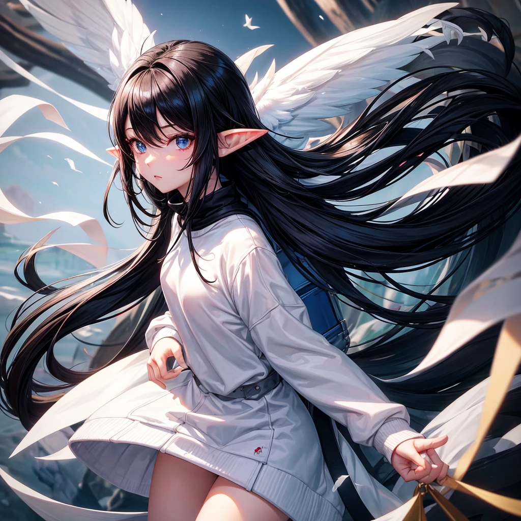an extremely white character, black hair, black color asian eyes too, fly away, shorth hair, elf ears, dainty, wears a super cute and warm white sweatshirt, with dollcore style