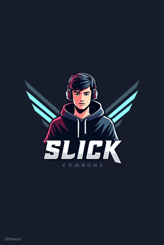 Create a logo of a gamer boy wearing headphones and a black hoodie, e abaixo dele, write in blank "slick"