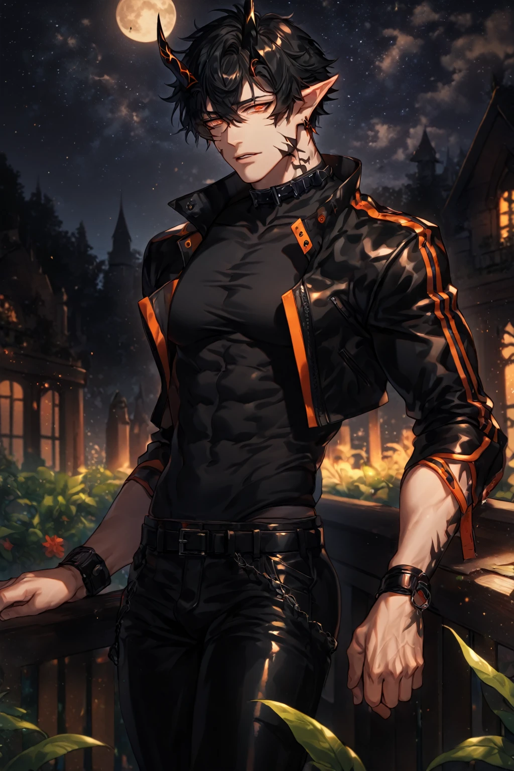 absurdres, highres, ultra detailed, HDR) master piece, best quality, extremely detailed, detailed face, detailed eyes, delicated features, Flamebringer, black hair, expressive orange eyes, Arknights, solo, sexy man, handsome, toned, sensual, manly man, black horns, slightly pointed ears, black marks on the face, cropped leather jacket with orange patterns, tight turtleneck shirt, collar, black leather pants, night, garden, red flowers, fantasy, magical, moon, starry sky
