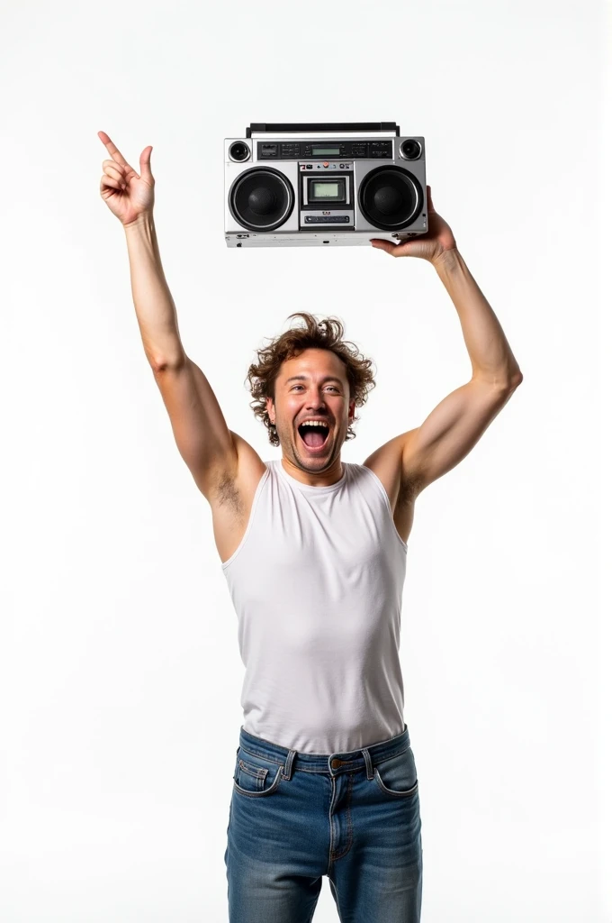 Image Prompt:
The image shows a young elon musk  with curly hair, wearing a white tank top and blue jeans. He is holding a boombox above his head and pointing at the radio  with his right hand. He has a big smile on his face and appears to be happy and excited. The background is plain white.
