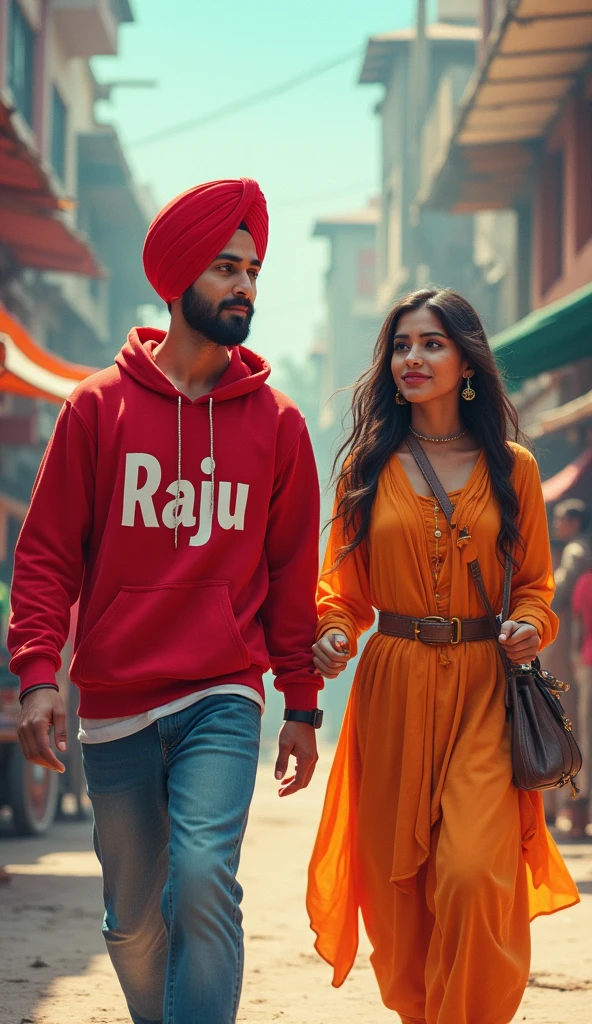 " A 17 YEAR PUNJABI BOY with A PUNJABI GIRL wear Punjabi suit,smile , WEARING A RED TURBAN ,RED Hoodie ON WRITE BOLD NAME "RAJU", black cargo PANT, and holding and see his name which write chest in Punjab his body luck front of the camara , going to tea stall, wide angle shot, RUN TO CAUGHT BUS,BACKGROUND BOLD NAME "RAJU" Neck In locket this letter "R"