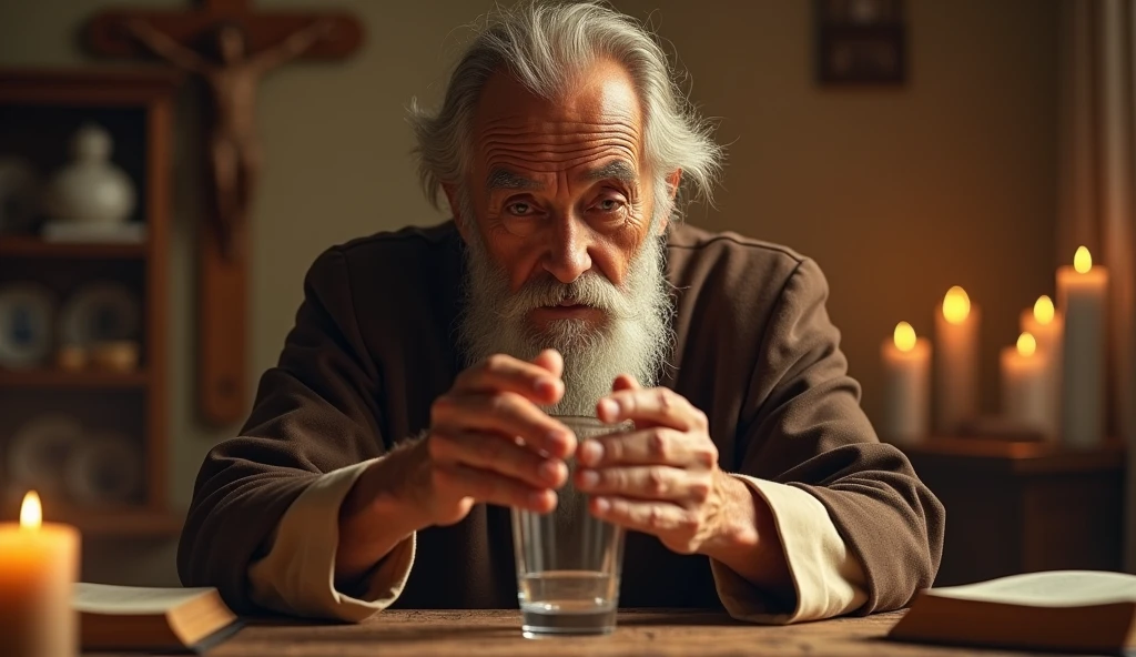 Create an ultra-realistic image of an elderly man with Germanic features, known as Vô Augusto, conducting a sacred blessing ritual. He is holding his hands over a glass of water, his expression calm and deeply focused, as he transmits a powerful sense of faith and healing. The setting is warm and serene, with soft lighting that adds a divine glow to the scene. In the background, elements like candles, a wooden cross, and a Bible enhance the spiritual atmosphere. The image should convey the sense of divine presence, with Vô Augusto guiding the viewer through a profound moment of connection with God, emphasizing the importance of faith, gratitude, and the healing power of blessings.