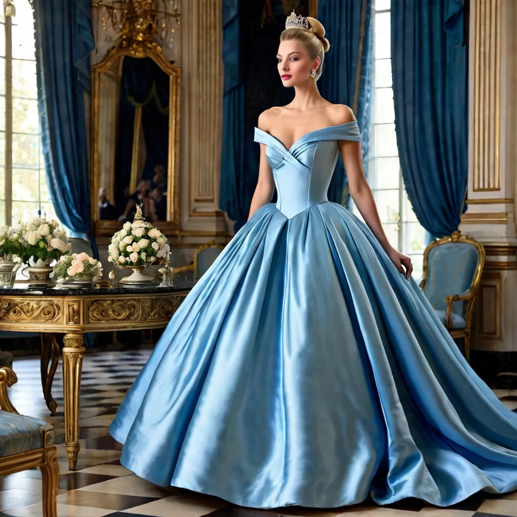 Tall and beautiful, but the beautiful queen is in her palace, her blonde hair is pulled back into a bun, She is wearing a magnificent azure satin ball gown with an extremely wide, flowing skirt, reminiscent of Cinderella&#39;s dress, decorated with crystals and precious stones, with a long blue royal cape, huge diamond crown,extravagant,Stylish,8 K,12K