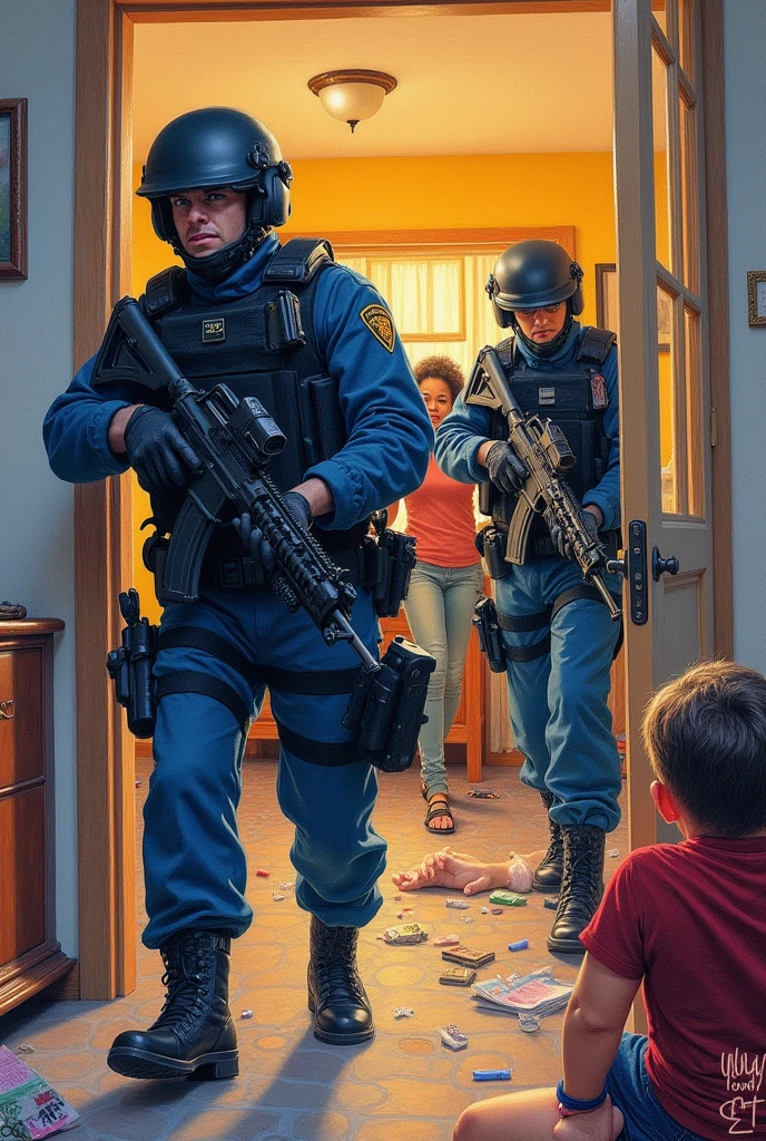 drawn in the form of a colored drawing, police raiding a house