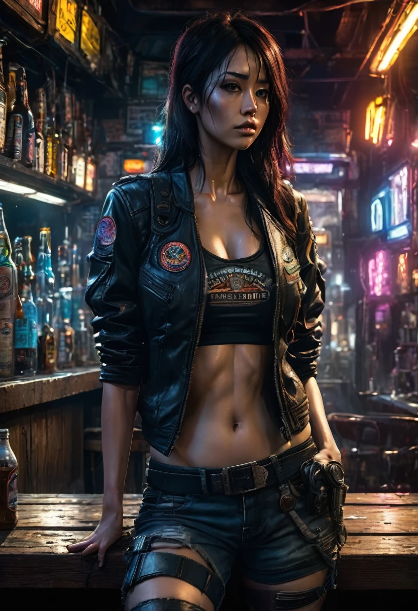 highly detailed, realistic cyberpunk image of a tough and gritty woman sitting in a dimly lit, rundown bar. She has long, disheveled dark hair and a fierce, determined expression, with a few cuts and bruises on her face, adding to her rugged appearance. She wears a worn-out military-style jacket with patches and straps, partially open to reveal a low-cut top underneath. Her most striking feature is her cybernetic arm, a complex piece of machinery with exposed wiring and metallic components. The bar is cluttered with old bottles, neon signs, and various pieces of equipment, all bathed in a warm, moody light that casts deep shadows across the scene. A half-empty pint of beer sits on the wooden counter in front of her, adding to the rough, gritty atmosphere