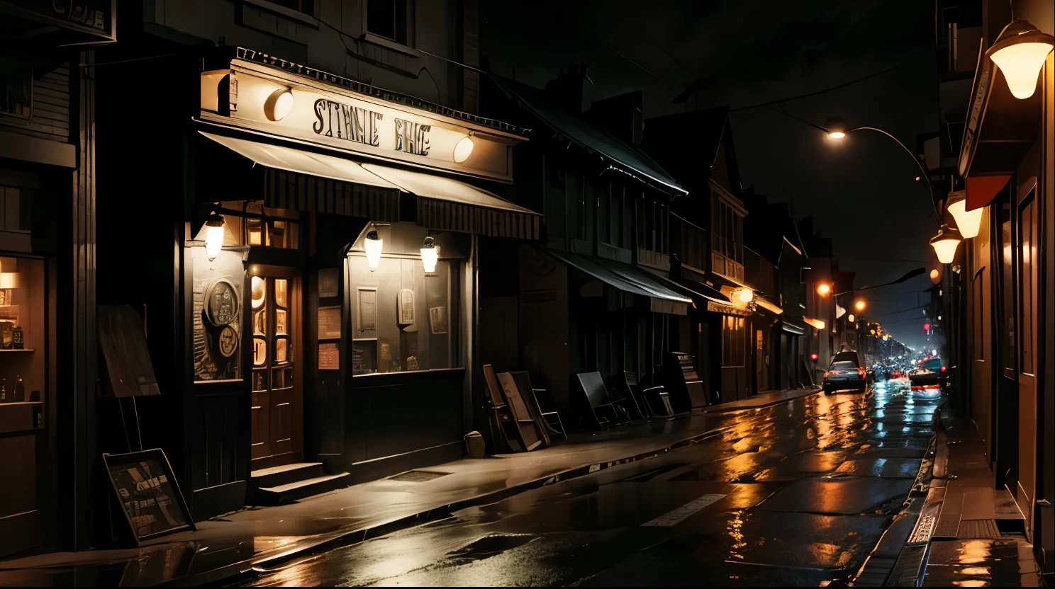 a street, with a focus on a strange bar, the facade of a strange and dangerous bar, it's at night, midnight, rainy night, noir style, dark place, town city,