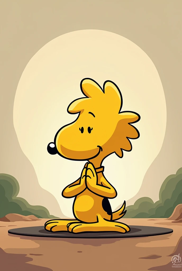 Animated design of Woodstock character, same as the fable, black outline and yellow Woodstock   , doing yoga with a namaste background , make the head more like the character from the fable snoopy