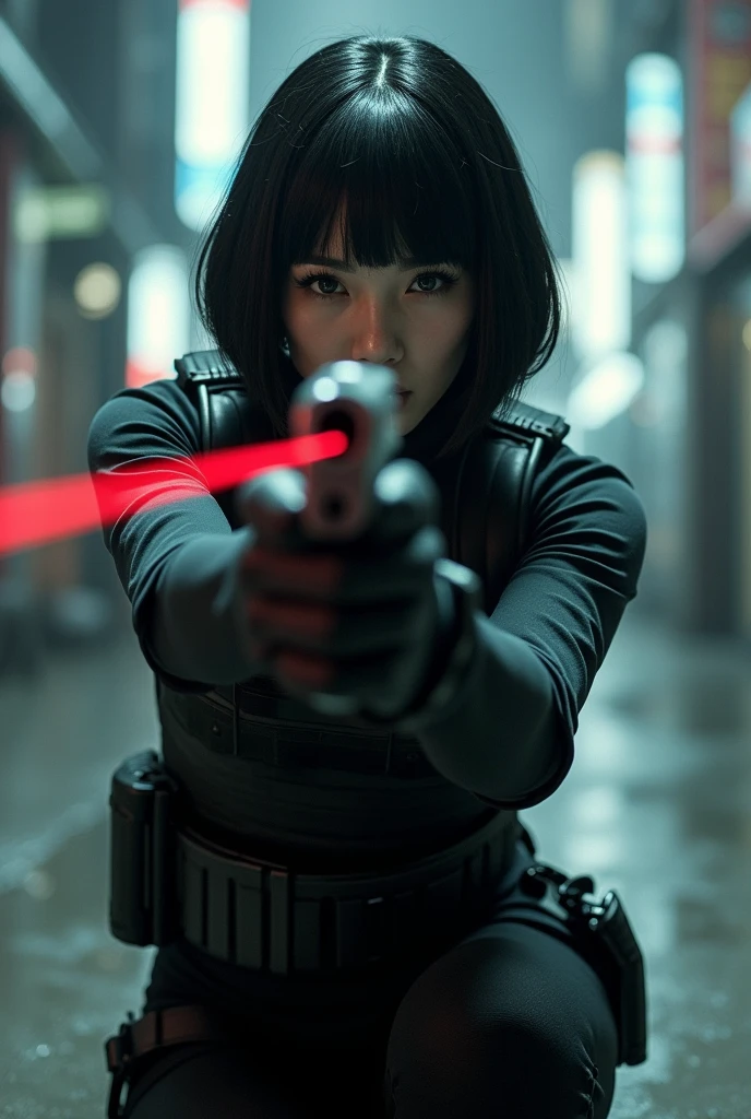 (masterpiece,excellent quality,Like a mirror,cinematic experience,Extremely detailed,absurd),8K,wallpaper,,(Best Illustration:2.0),(A woman:2.0),(Kusanagi Motoko:2.0),(Ghost in the Shell style world view:2.0),(Black tactical tights:2.0),(Heavy black bulletproof vest:2.0),(Black Gloves:2.0),(Short Bob:2.0),(beautiful eyes),(Delicate face),(Detailed female hand drawing:2.0),(Sexy:2.0),(He knelt,Point a gun at me.:2.0),(Raise your right knee:2.0),(Tokyo in the background, Highly developed technology.:2.0),(monochrome:2.0),(san francisco:2.0),(A pistol with a laser pointer under the muzzle:2.0),(Point the red laser pointer on your gun at me:2.0)