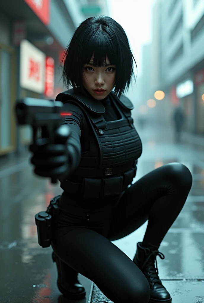 (masterpiece,excellent quality,Like a mirror,cinematic experience,Extremely detailed,absurd),8K,wallpaper,,(Best Illustration:2.0),(A woman:2.0),(Kusanagi Motoko:2.0),(Ghost in the Shell style world view:2.0),(Black tactical tights:2.0),(Heavy black bulletproof vest:2.0),(Black Gloves:2.0),(Short Bob:2.0),(beautiful eyes),(Delicate face),(Detailed female hand drawing:2.0),(Sexy:2.0),(He knelt,Point a gun at me.:2.0),(Raise your right knee:2.0),(Tokyo in the background, Highly developed technology.:2.0),(monochrome:2.0),(san francisco:2.0),(A pistol with a laser pointer under the muzzle:2.0),(Point the red laser pointer on your gun at me:2.0)