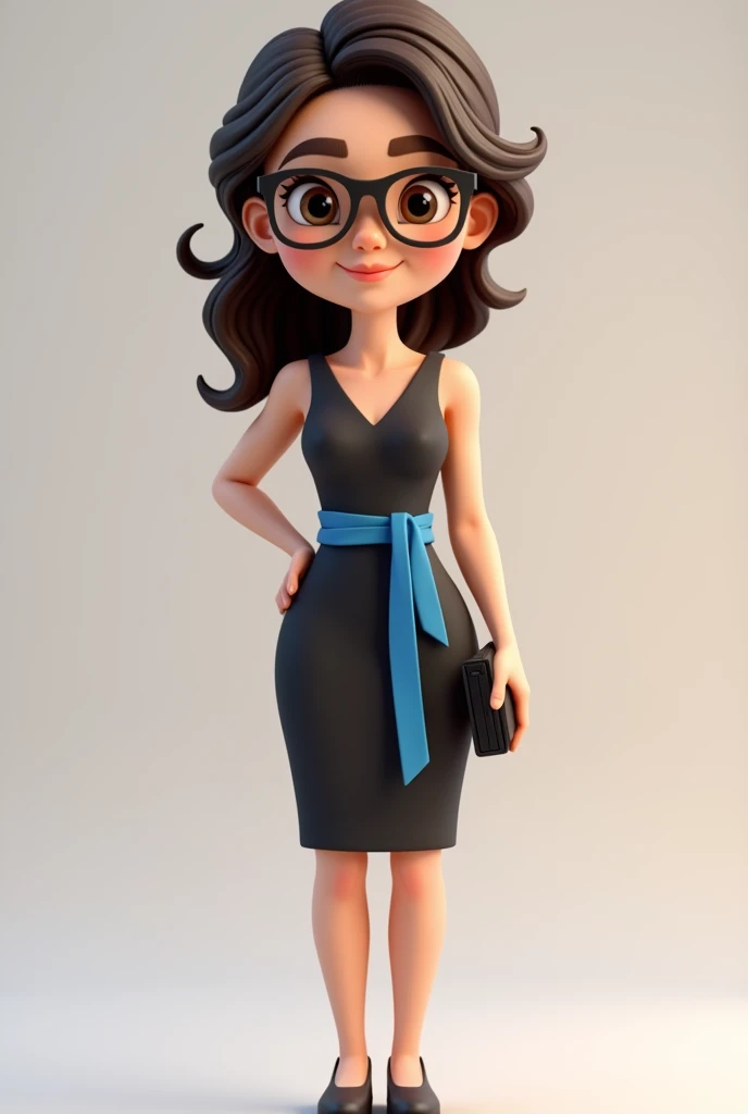 A full body 3D cartoon character. She has a friendly and charismatic appearance. The character is a young woman with fair skin, loose dark brown hair, thick eyebrows, large brown eyes and wears glasses. She is smiling confidently. The character is dressed formally, wearing a black dress with a blue sash at the waist. She is holding up a cell phone in one hand. Your posture and relaxed posture suggest confidence and ease. The background of the image is neutral, which highlights the character even more.