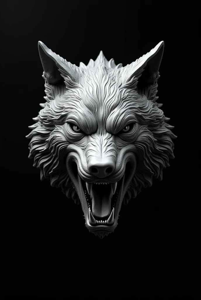 3d silver metallic angry wolf head sculpture floating against a pitch black background 