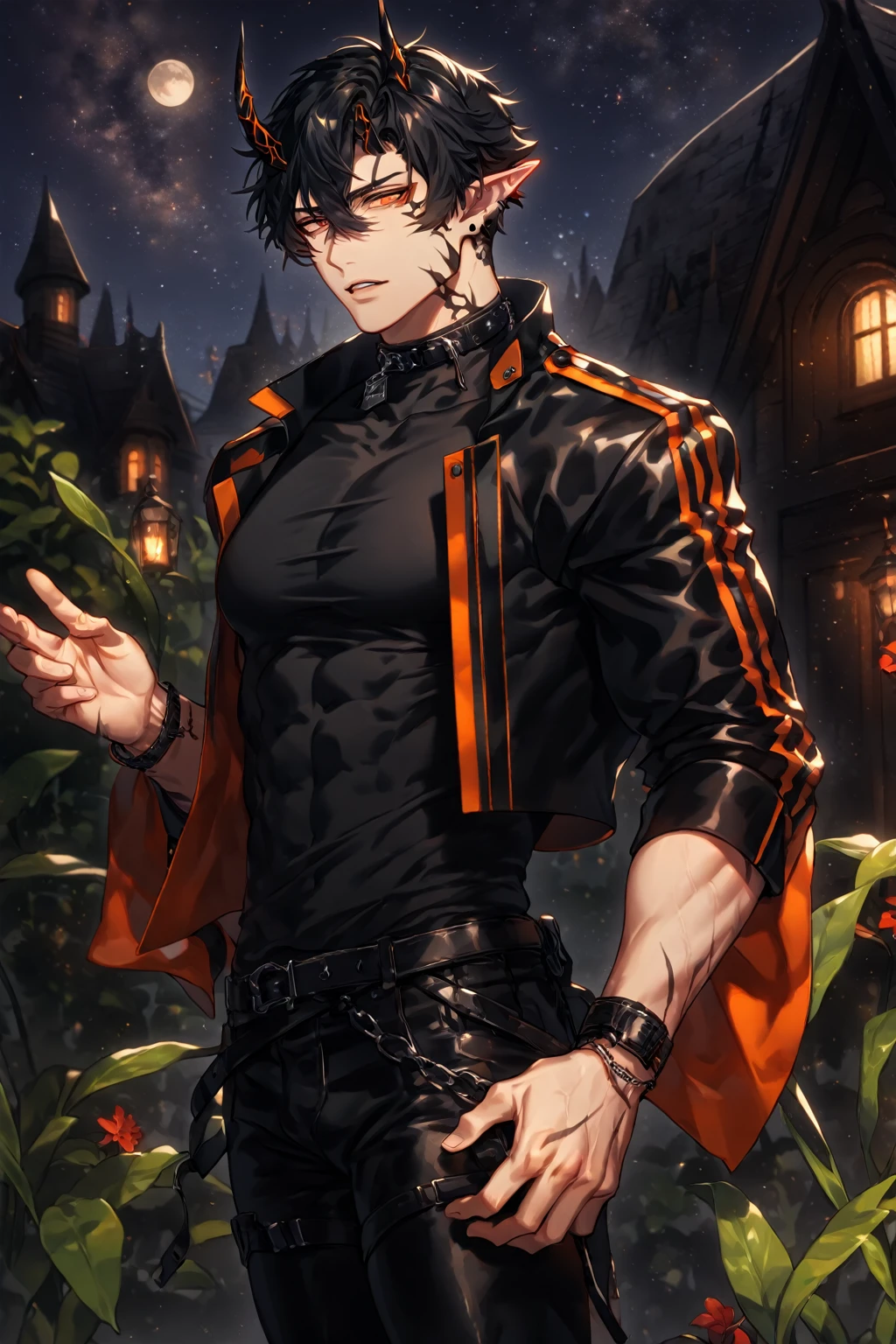 absurdres, highres, ultra detailed, HDR) master piece, best quality, extremely detailed, detailed face, detailed eyes, delicated features, Flamebringer, black hair, expressive orange eyes, Arknights, solo, sexy man, handsome, toned, sensual, manly man, black horns, slightly pointed ears, black marks on the face, cropped leather jacket with orange patterns, tight turtleneck shirt, collar, black leather pants, night, garden, red flowers, fantasy, magical, moon, starry sky