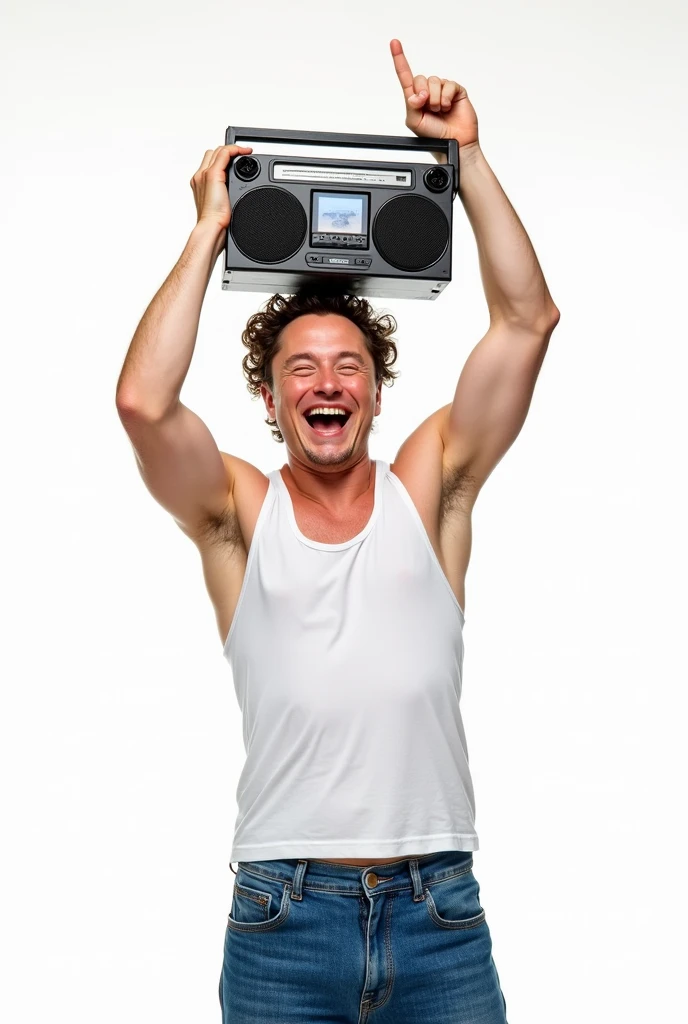 Image Prompt:
The image shows a young elon musk  tesla 
with curly hair, wearing a red tank top and black  jeans. He is holding a boombox above his head and pointing at the radio  with his right hand. He has a big sad on his face and appears to be happy and excited. The background is Fire 