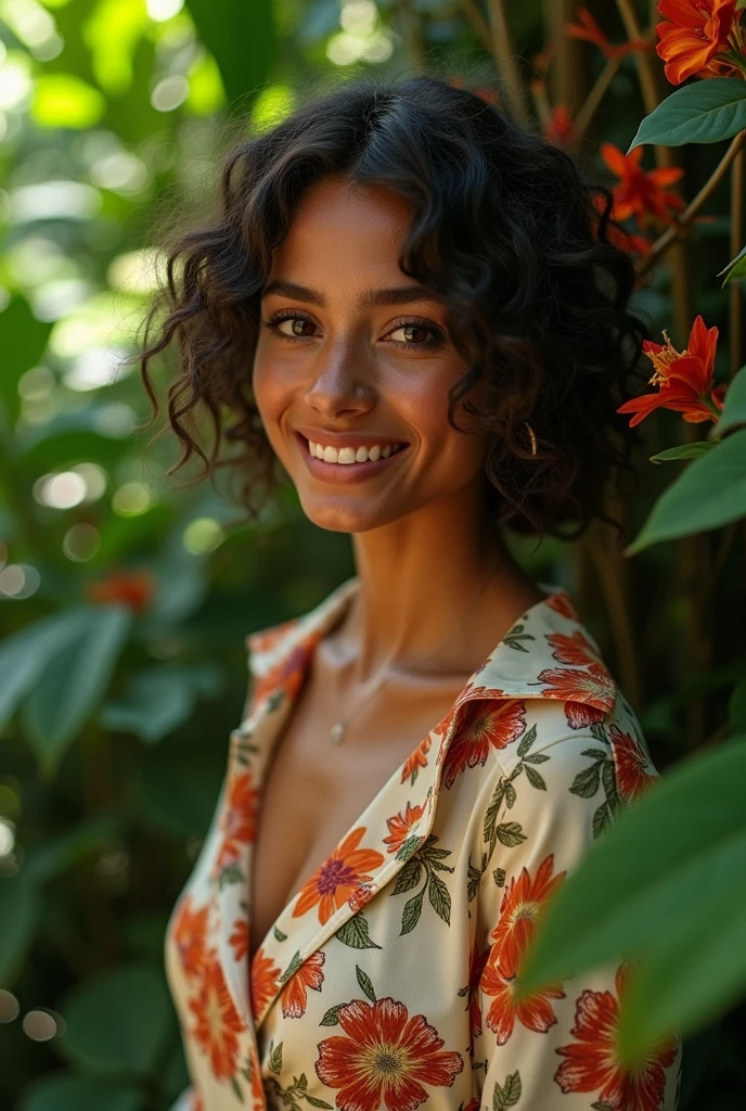 A Brazilian woman in a lush tropical garden, wearing an open shirt with a floral print, with a close-up capturing the harmonious beauty between her breasts and the natural flowers, showing off your natural charm and outgoing personality.