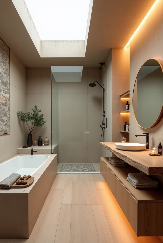 This bathroom is designed to evoke a sense of calm and introspection, in tune with the soothing and reflective nature of "Dear Patience." Soft, neutral tones dominate the space, with walls covered in textured beige and pale grey tiles that provide a subtle, calming backdrop. The flooring is a warm, honey-toned wood, underfoot radiant heating ensuring comfort in every step.
A Japanese-inspired soaking tub sits in a corner, surrounded by a minimalist zen garden with carefully placed stones and a small, cascading water feature that adds to the tranquil ambiance. Above the tub, a skylight brings in natural light during the day and offers a view of the stars at night, perfect for moments of quiet reflection.
The shower area is designed as a steam room with built-in seating, where you can sit back and relax as the gentle mist envelops you. The walls are lined with natural stone, and a mosaic depicting serene landscapes adds an artistic touch. The showerhead is a large, adjustable rain shower, designed to mimic the feeling of standing under a gentle rain.
The vanity area features a wooden countertop with a live-edge design, preserving the natural shape of the wood. A large, round mirror with an anti-fog feature is framed by soft, ambient lighting that can be adjusted for brightness. Small shelves hold essential oils and other spa-like amenities, allowing you to create a personalized relaxation ritual. The overall design is one of simplicity and mindfulness, offering a space to pause, breathe, and find patience within oneself.