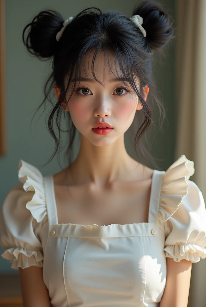 ((masterpiece, Highest quality:1.2), (Realistic, photoRealistic:1.4), High resolution, RAW Photos, 8k, Very detailed, 超High resolution, Cinema Lighting, Written boundary depth, (Portraiture), View your audience, (((Front view, From below))), ,Small breasts、Perfect Face、Beautiful expression、Beautiful Face、Beautiful Eyes、1 high school girl、乃木坂系beautiful girl:1.4,beautiful girl、Beautiful black hair、(Naked Apron:1.2、The shoulder straps are slipping and falling off.、Shoulders exposed:1.3,Short frill apron、White string buns)、明るいキッチンに立つbeautiful girl、Embarrassing expression、Blushing