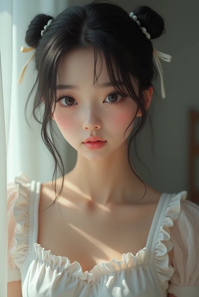 ((masterpiece, Highest quality:1.2), (Realistic, photoRealistic:1.4), High resolution, RAW Photos, 8k, Very detailed, 超High resolution, Cinema Lighting, Written boundary depth, (Portraiture), View your audience, (((Front view, From below))), ,Small breasts、Perfect Face、Beautiful expression、Beautiful Face、Beautiful Eyes、1 high school girl、乃木坂系beautiful girl:1.4,beautiful girl、Beautiful black hair、(Naked Apron:1.2、The shoulder straps are slipping and falling off.、Shoulders exposed:1.3,Short frill apron、White string buns)、明るいキッチンに立つbeautiful girl、Embarrassing expression、Blushing