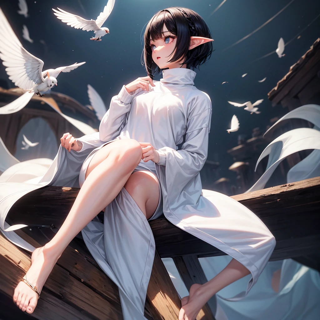 an extremely white character, with short black hair, black color asian eyes too, fly away, shorth hair, elf ears, dainty, wears a super cute and warm white sweatshirt, with dollcore style