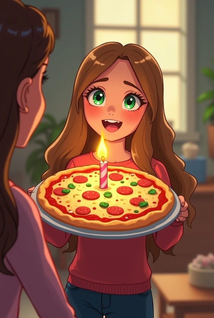 I want to congratulate my friend on his 27th birthday today. He likes pizza, and I would like the pizza to have a 27th birthday candle on it. I'm 2 with long light brown hair and green eyes. I would also like the image to be an animation (like a cartoon) showing me bringing a birthday pizza to him