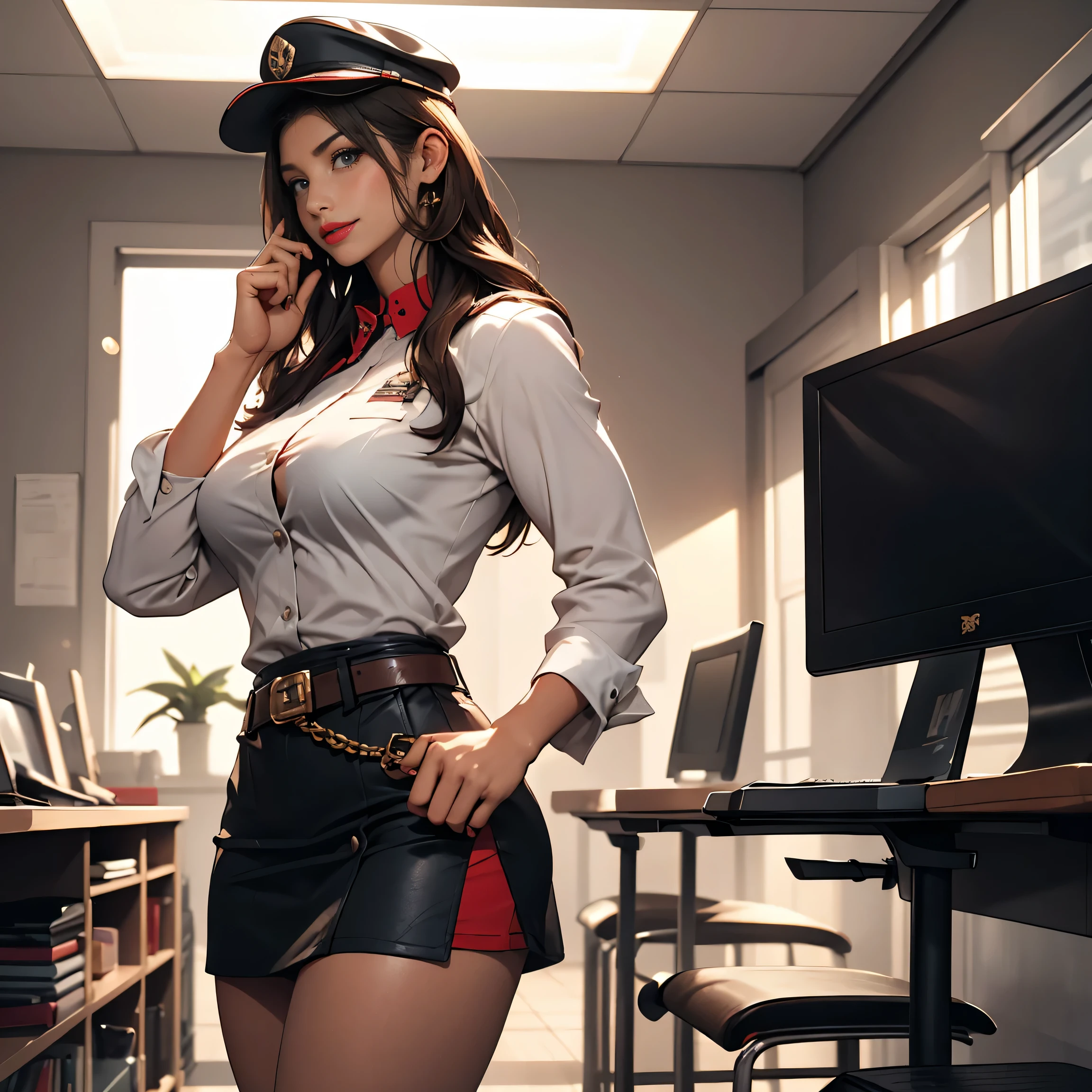(((1 woman in frame), Pretty Caucasian (female), Sarah Shahi, a slim but muscular body, huge breasts)), ((bright red lipstick)), ((seductive smile)) ((big bright blue eyes looking towards the viewer)) ((short messy dark brown hair)), [[[((in militant appearance)), ((The uniform's collar adorned with gold insignia, sits proudly atop her shoulders)), highlighting her strong neck and flowing mane, ((The uniform's sleeves, rolled up to her forearms, reveal her tanned and toned arms, each muscle defined and ready for action, ((detailed hands and fingers, ((two hands, 5 fingers in each hands)), )), )), (((ultra micro miniskirt, very very very micro miniskirt exposing full lengthy thick thighs))), ((army cap)), accentuates her long, shapely legs.]] The uniform's belt, cinched tightly around her waist, emphasizes her small, defined waist and hips.] The uniform's skirts, rustle softly with each step she takes, adding an air of mystery and allure to her, ((front view)), in office, military background, ((front view)),
