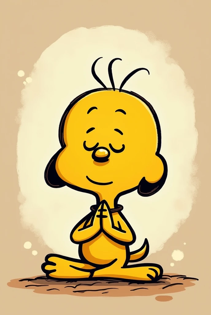 Animated design of Woodstock character, same as the fable, black outline and yellow Woodstock , doing yoga with a namaste background , make the head more like the character from the fable snoopy