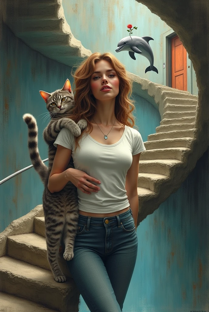 (best quality,4k,8k,highres,masterpiece:1.2),ultra-detailed,(realistic,photorealistic,photo-realistic:1.8),charcoal drawing,(((spiral impossible stairs returning to themselves))),((cat hanging from bottom of stairs by its ears)),((Jewish girl, 30yo, brilliant detailed hazel eyes, slightly pale complexion, fading tan, long wavy messy chestnut hair with tendrils framing her face, beautiful, gorgeous, perfect collarbone, white cotton tee with round collar, very large chest stretching the cotton, low-rise tight denim jeans, wide thigh gap, miniaturized like Alice in Wonderland, toothless smile at the cat, hugging herself, squishing her breasts together
)),cat dancing for girl, (((background: dolphin holding a rose in its mouth while jumping out of an open elevator))),insanely intricate,highly detailed,surreal,dreamlike,vivid colors,dramatic lighting,artistic,style of MC Escher,style of Gioacchino Passini,style of Jason de Graaf,style of Pedro Campos,