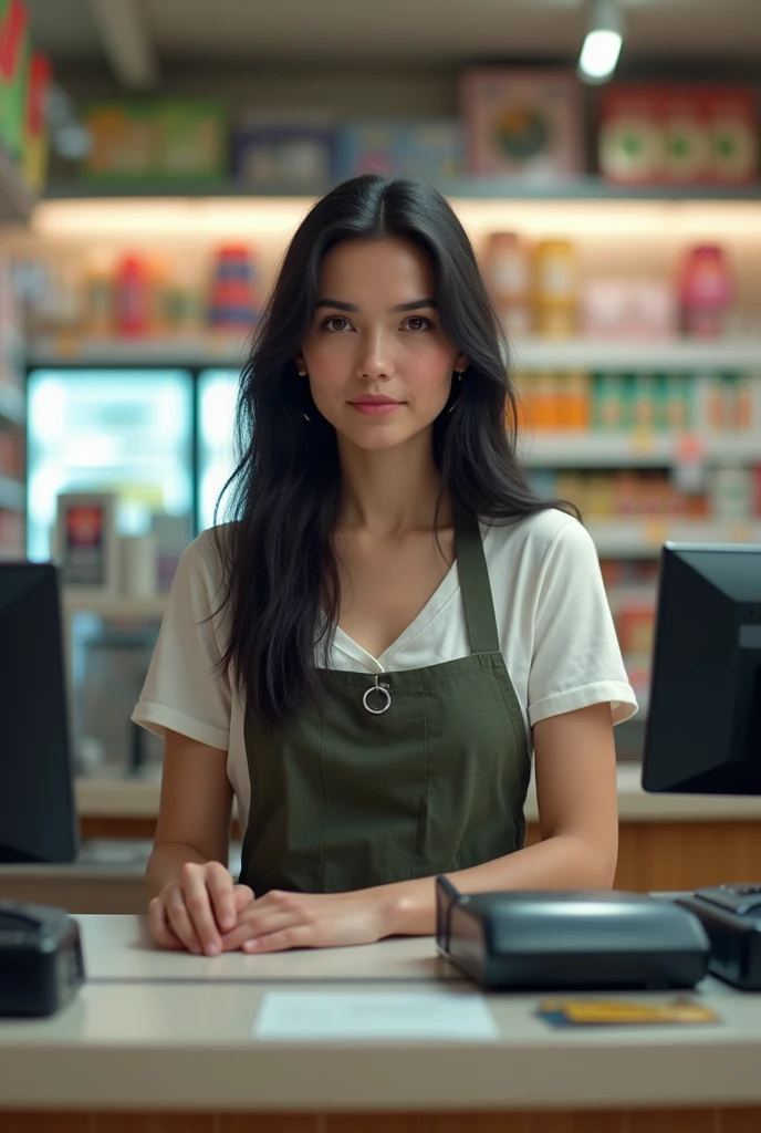 White woman with dark hair sitting behind supermarket shopping counter, looking forward