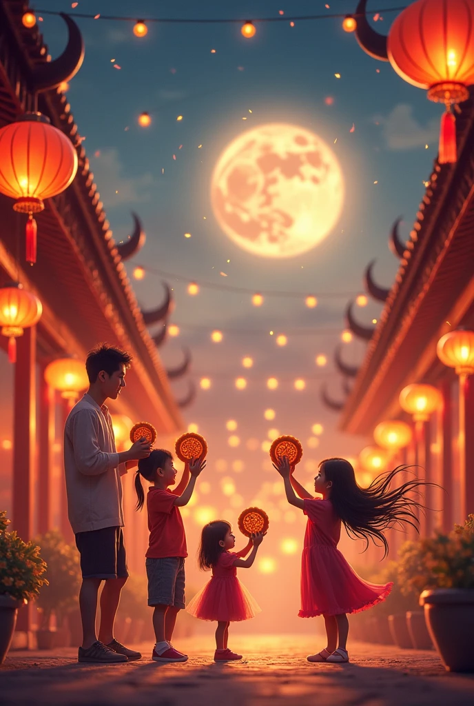 "A vibrant scene from the Mid-Autumn Festival, featuring families gathering to enjoy mooncakes and admire the full moon. The setting includes beautifully decorated outdoor areas with traditional lanterns and festive lights. Children play with colorful lanterns, and the moon is prominently visible in the night sky, symbolizing unity and the harvest." movie trailer