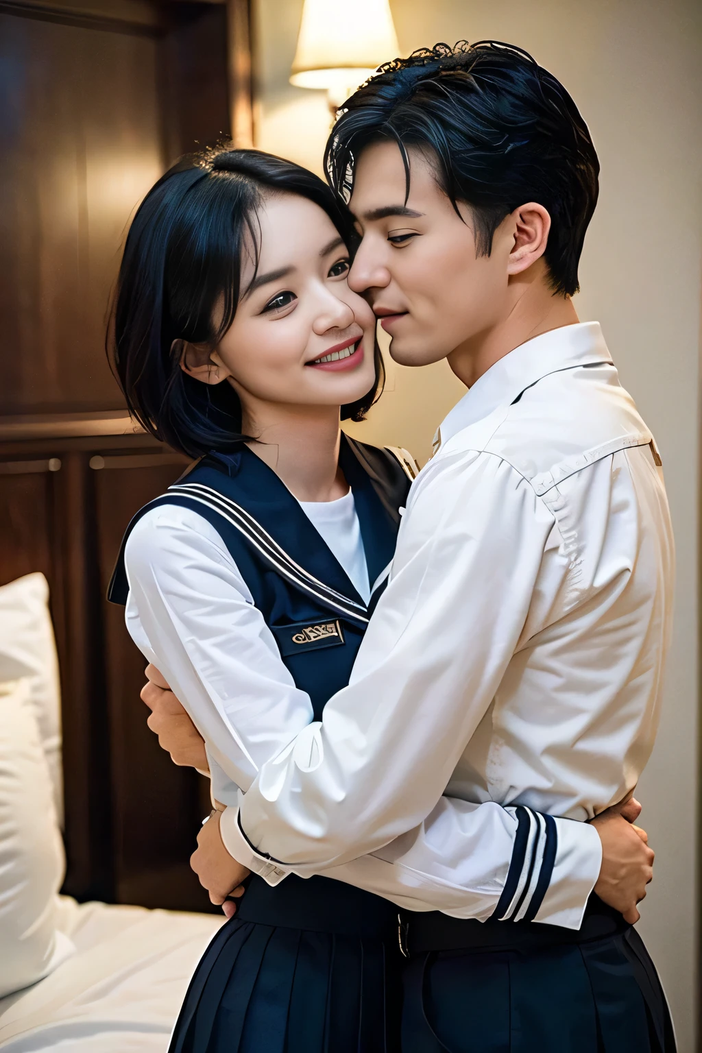(((1 male and 1 female:3.0))), (((top down bottom up:1.8, A man touches a girl's crotch from behind:1.8, hetero:1.8))), ((((Eyes closed:1.8, Open mouth:1.8)))), (((Dressing:3.0))), (((shool uniform:1.8))), (((In the infirmary's bed:1.8))), 18year old, 7headed body, Ideal ratio body proportions, erectile nipple, Medium Hair, With bangs, A dark-haired, small tits, A slender, Small buttocks, beauty legs, Skinny Legs, surrealism, Cinematic lighting, depth of fields, One-person viewpoint, F/1.8, 135 mm, nffsw, masutepiece, ccurate, Anatomically correct, Textured skin, Super Detail, high details, High quality, awardwinning, Best Quality, hight resolution, 8K