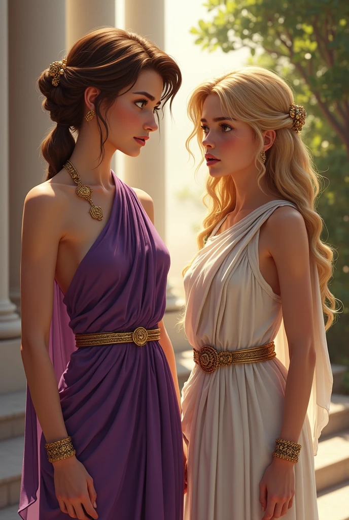 lilith with big and curious eyes, light brown hair and purple Greek toga with golden belt and bracelets talking to a friend in white Greek toga and blond hair her age and making a disappointed face/frustrated while her friend talks