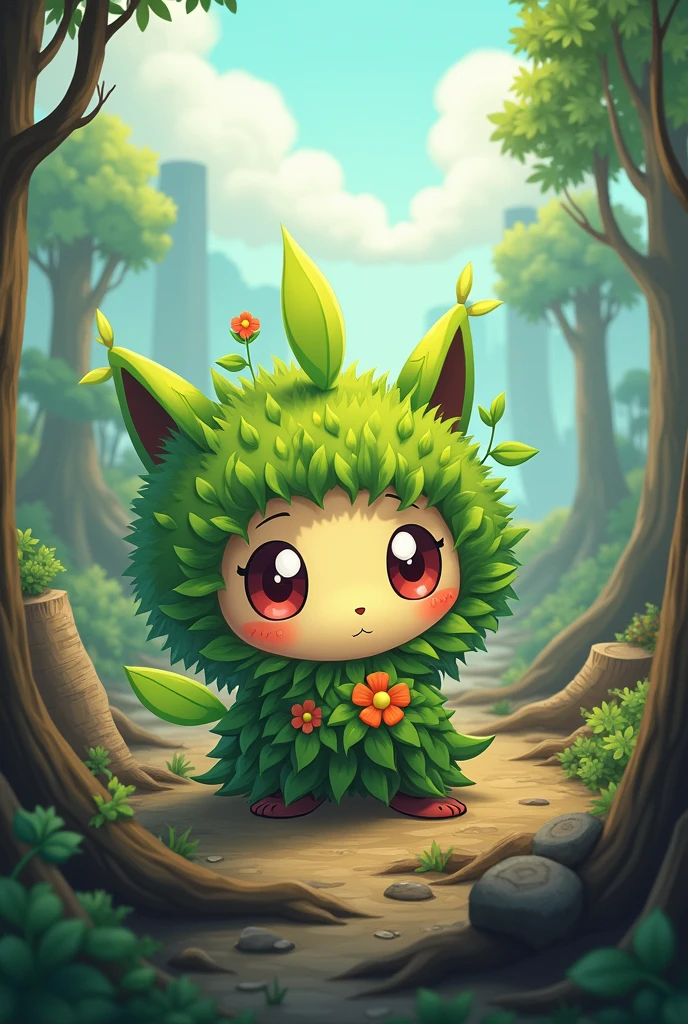 Make a picture about a cute character pokemon type about the deforestation