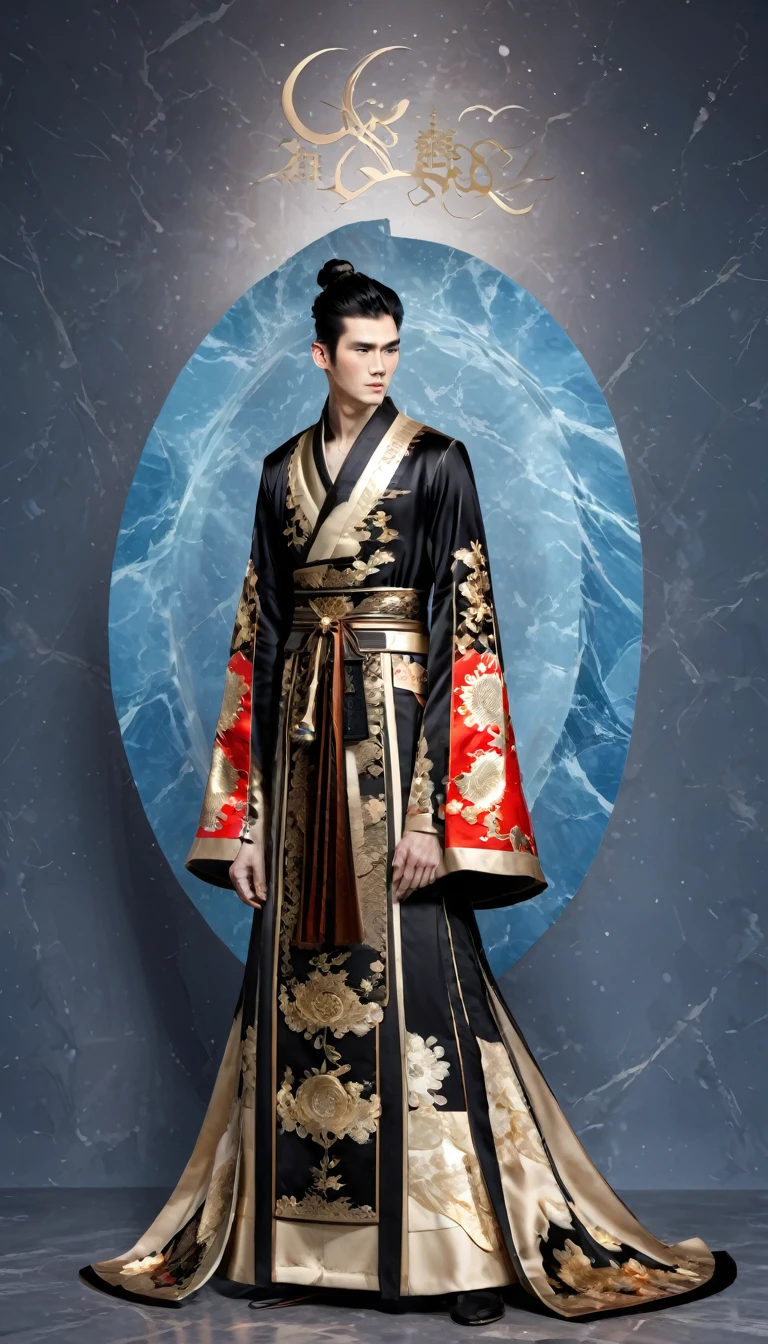 In the beginning of chaos，The tall and slender Fuxi stands，面容Handsome and resolute，Long hair flutters in the wind，身上穿着绣有Mystical Runes的Animal skin robes。 Prompt word：Chaos World，Tall Fuxi，Handsome and resolute，Long hair fluttering，Animal skin robes，Mystical Runes